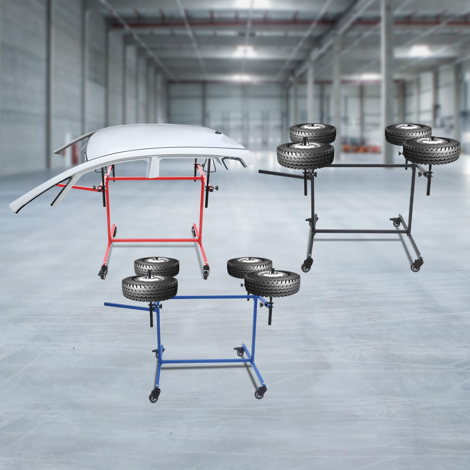 Soporte de pintura profesional para llantas con soportes giratorios 360° y 4 ruedas universales, soporte para 4 llantas (azul)