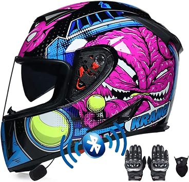 Motorcycle Bluetooth Helmet, Full Face Motorbike Helmets with Gloves Mask, Dual Anti-fog Visors Helmet ECE Approved, Built-in Mp3 FM Radio Integrated for Adult 55-64CM
