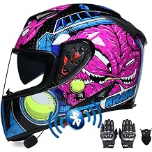 Motorcycle Bluetooth Helmet, Full Face Motorbike Helmets with Gloves Mask, Dual Anti-fog Visors Helmet ECE Approved, Built-in Mp3 FM Radio Integrated for Adult 55-64CM