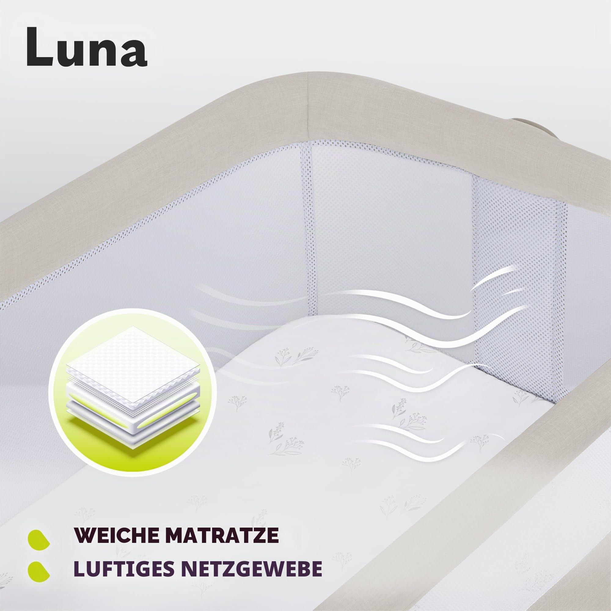 lionelo Aurora 3in1 Baby Nachttisch Co-Sleep für Babys ab Geburt bis 9 kg, verstellbare Höhe und Neigung, Matratze, 4 feststellbare Räder, atmungsaktiv, tragbar, waschbar, Tasche, Gurte (Beige leicht
