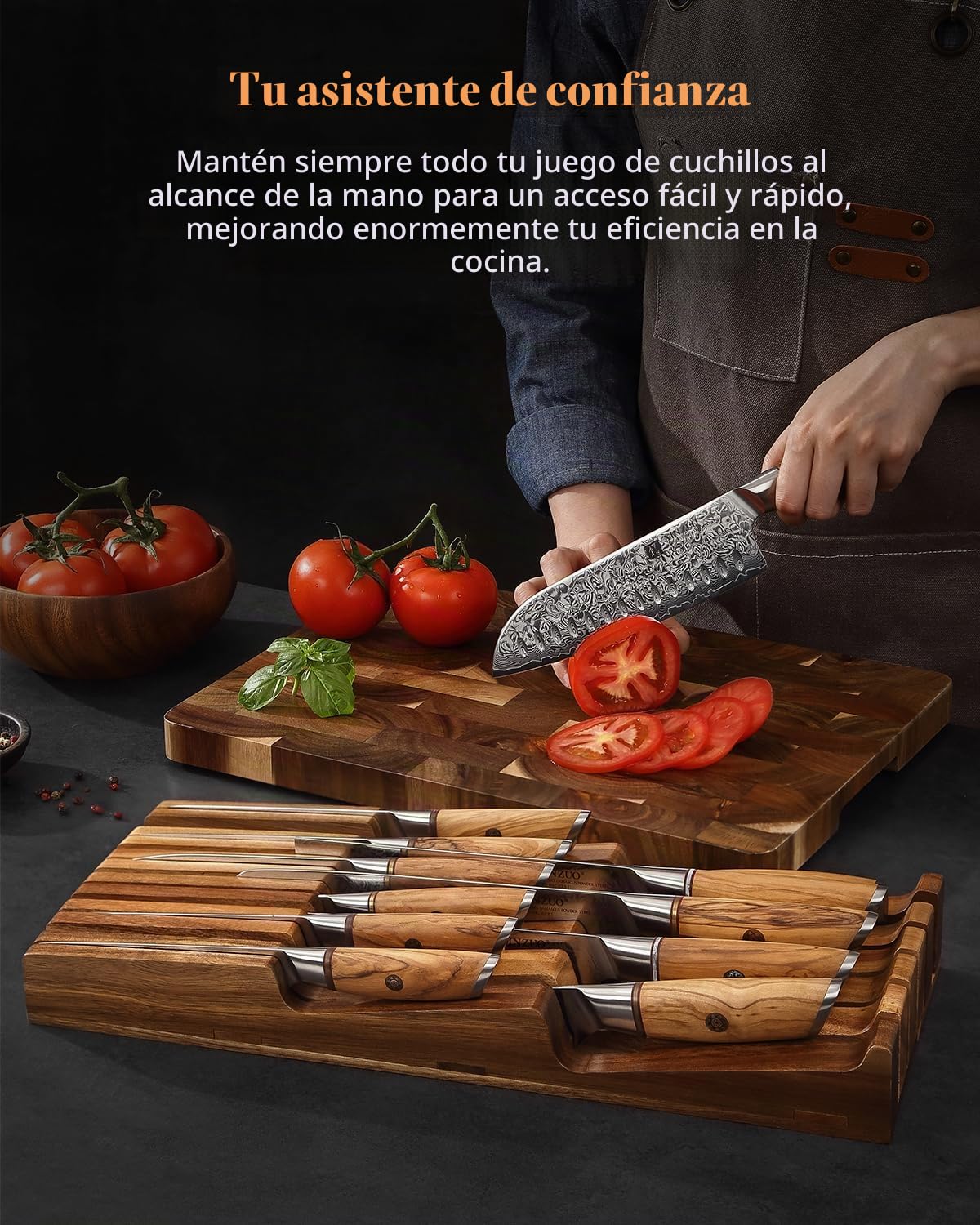XINZUO Portacuchillos para Cajones de Madera de Acacia -Organizador de Cuchillos para Cajón 43,6x18,4x5,3cm Reposacuchillos para 10 Cuchillos y 1 Acero para Afilar(Sin Cuchillos)-Con Caja de Regalo