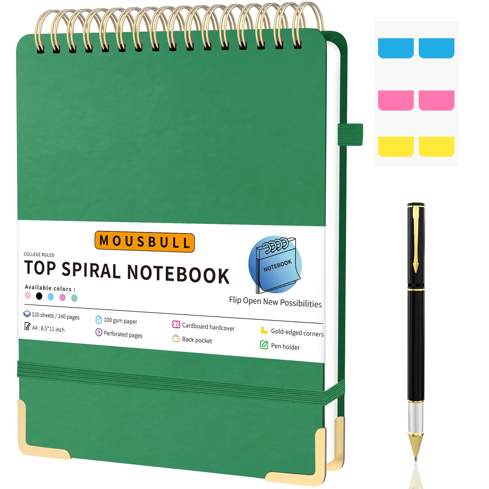 Mousbull Top Spiral Notebook, A4 Hardcover Top Bound Steno Pads, 240 Pages 100gsm College Ruled Left Handed Notebook Journal for Work, School, Meeting Writing - Green, 8.5" x 11"