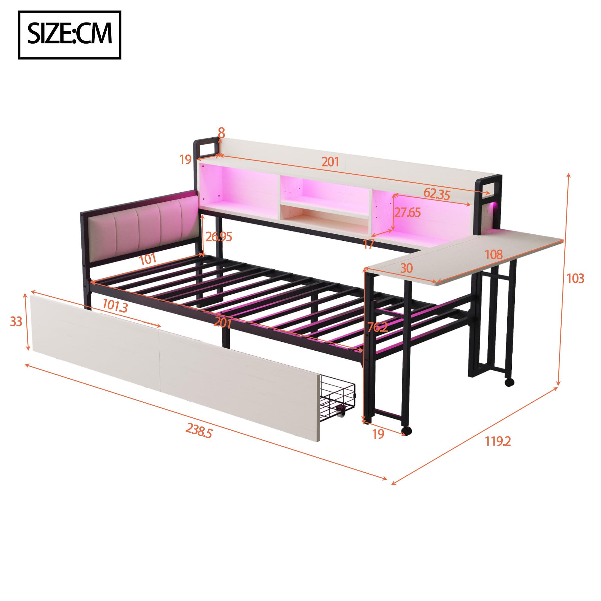 Lcoho Divano letto in ferro 90 x 200 cm, con illuminazione a LED e spazio di archiviazione, con cassetti e presa multifunzionale, scrivania pieghevole, schienale morbido, letto singolo (bianco)
