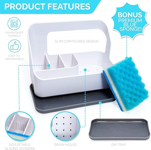 Miniatura 2 de Soporte de esponja para fregadero, organizador de fregadero de cocina con divisores de compartimento ajustables y bandeja de drenaje de goteo,