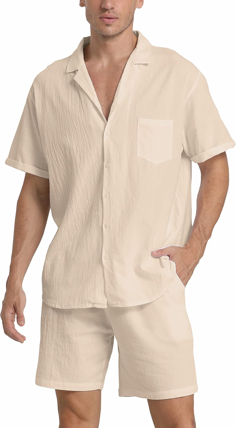 RPOVIG Linen Shirt Short Outfits:Men's Beach 2 Pieces Casual Button-Down Sets