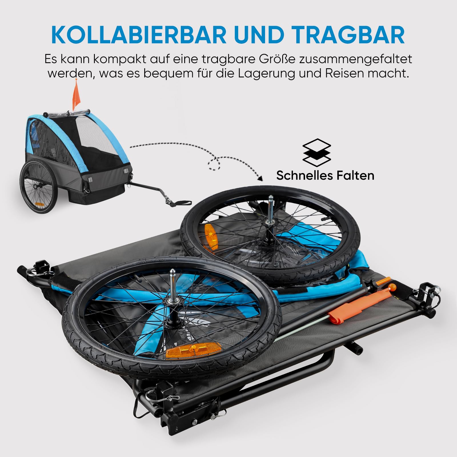 SEPNINE Kinderanhänger für Fahrrad, Fahrradanhänger für 1-2 Kinder, mit 5-Punkt-Sicherheitsgurt, Luftreifen, Handbremse, Faltbar, Max. 40 kg (Hellblau)