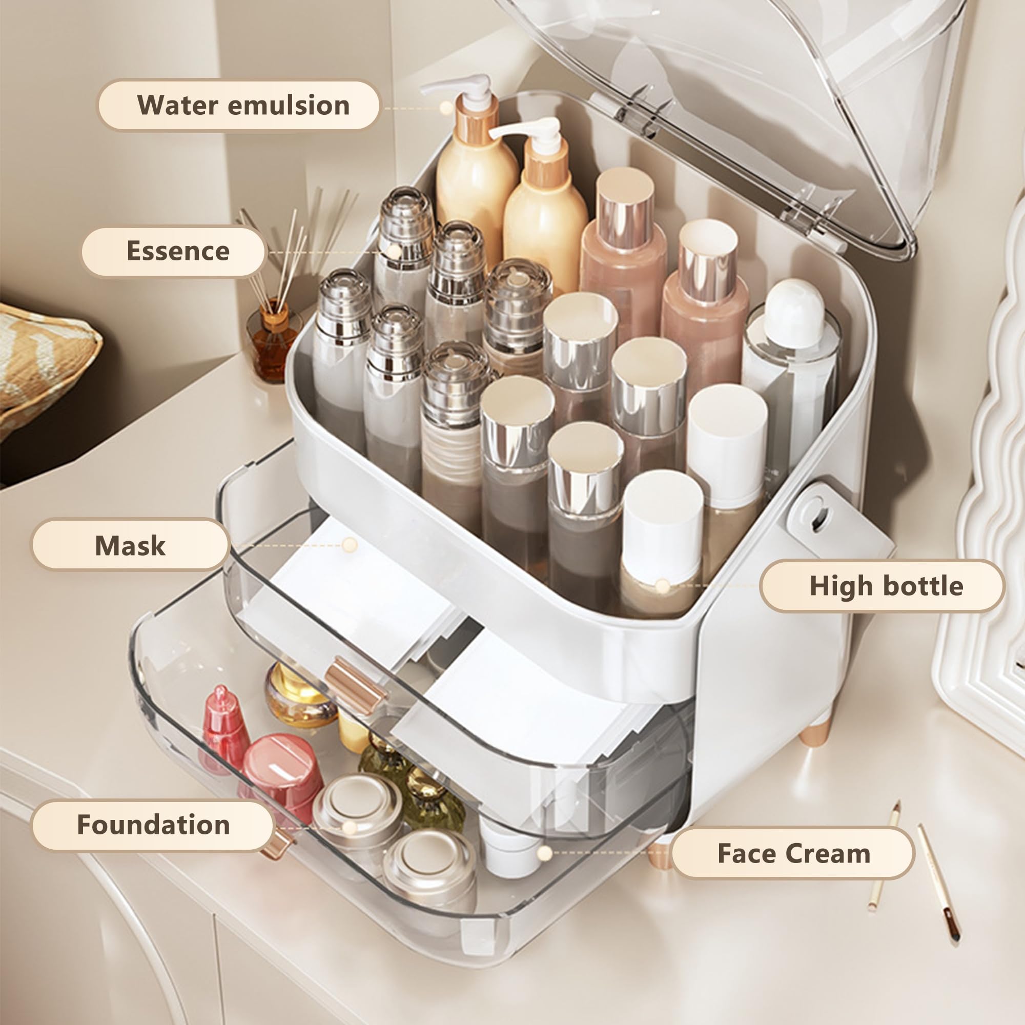 Porta Trucchi Organizer Trucco Elegante Skincare Organizer Bagno con Cassetti Makeup Contenitore Organizzatori Cosmetici con Maniglie per Pennelli Cura Della Pelle Articolo Prodotti Bellezza