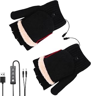 USB Heated Gloves for Men Women, Anpress Convertible Fingerless Mittens Electric Heated Gloves Knitted Wool USB Hand Warmer Gloves with 3 Temperature Adjustable Winter Heated Half Gloves Laptop Gloves