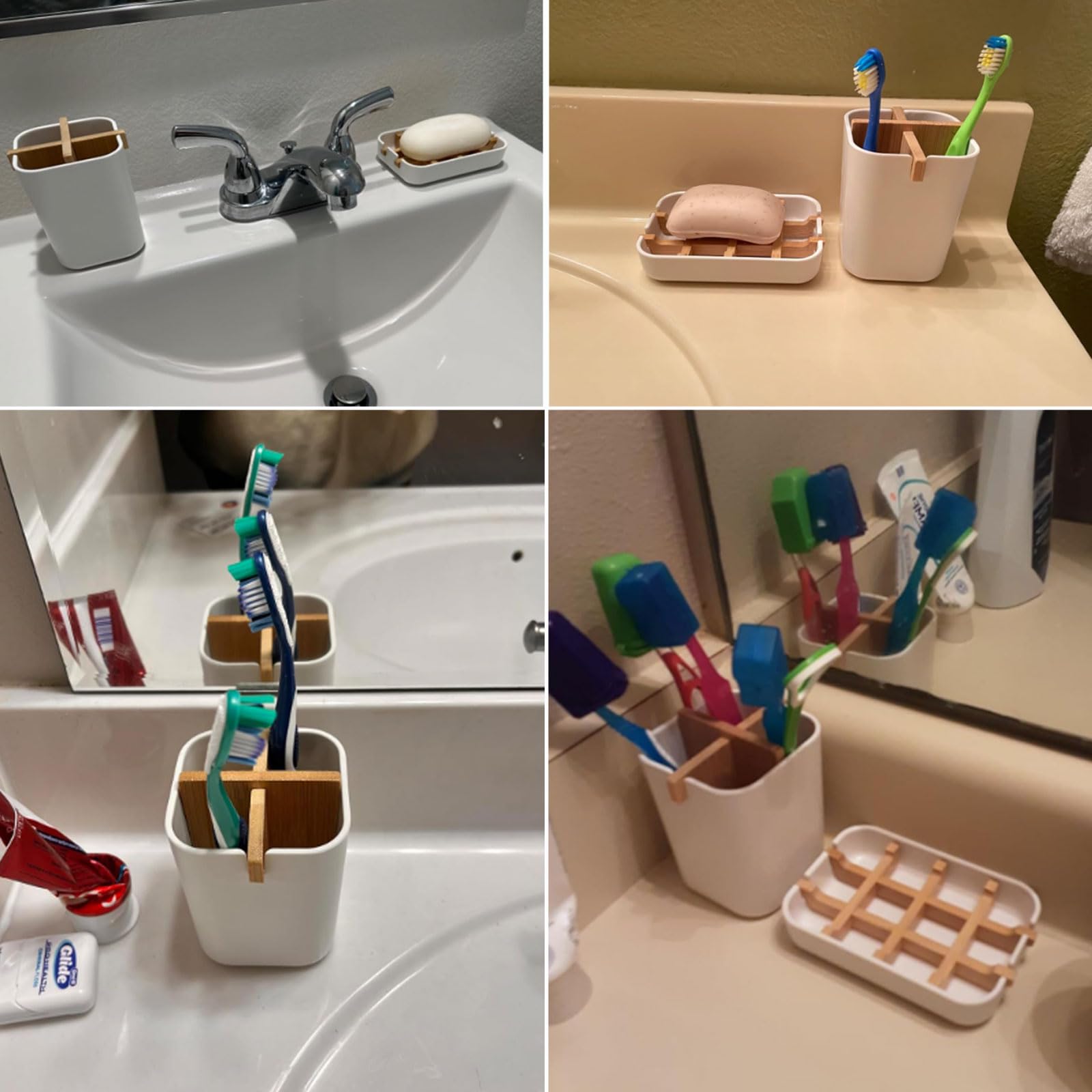 Juego de soportes para cepillos de dientes y jabón, divisor de bambú con 4 ranuras, bandeja de jabón de plástico para ducha, juego de accesorios de baño para almacenamiento de encimera, color