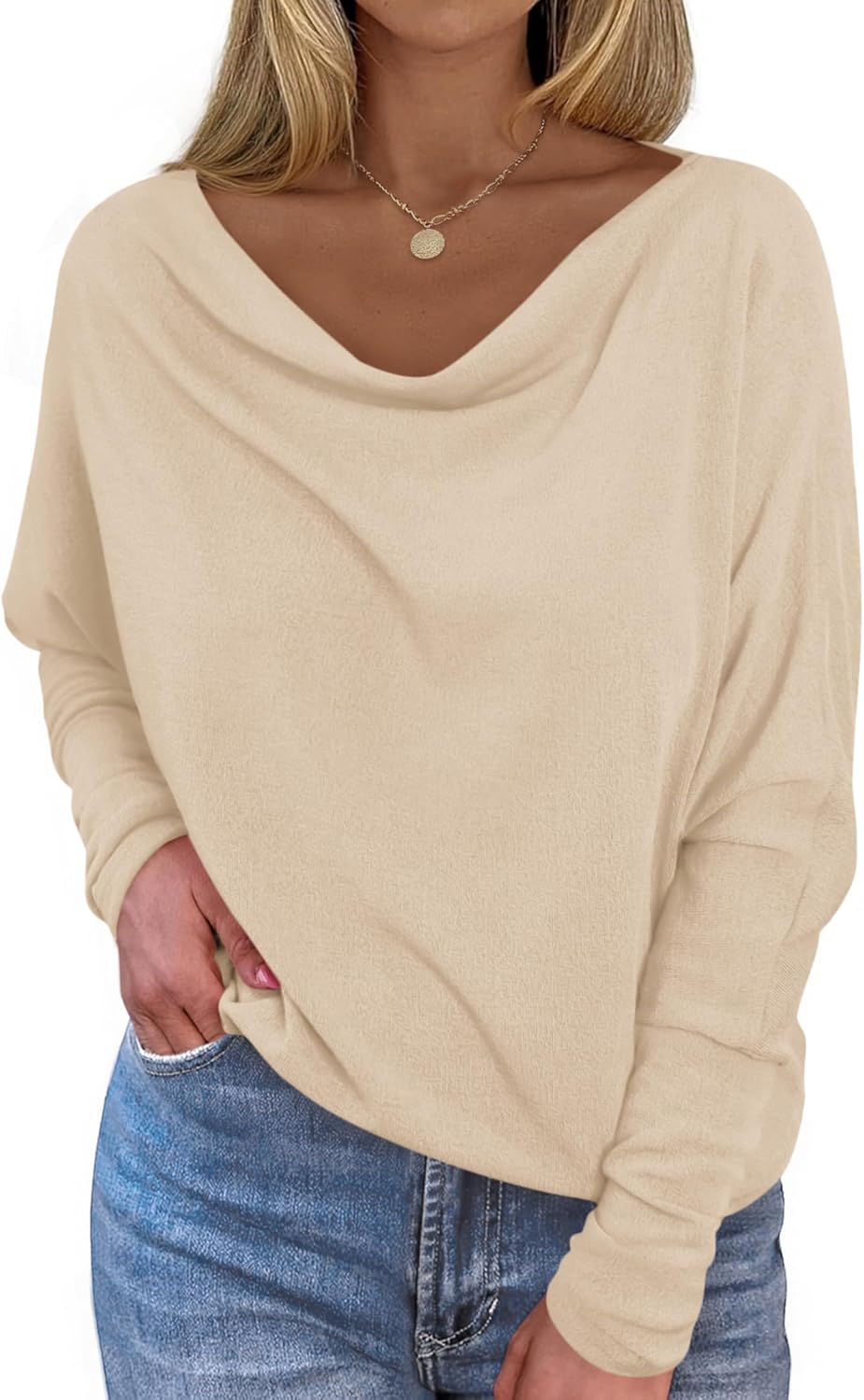 Okiwam Women's Fall Tops Cowl Neck Long Batwing Sleeve Shirts Oversized Tunic Dressy Casual Blouses 2026 Fashion Clothes