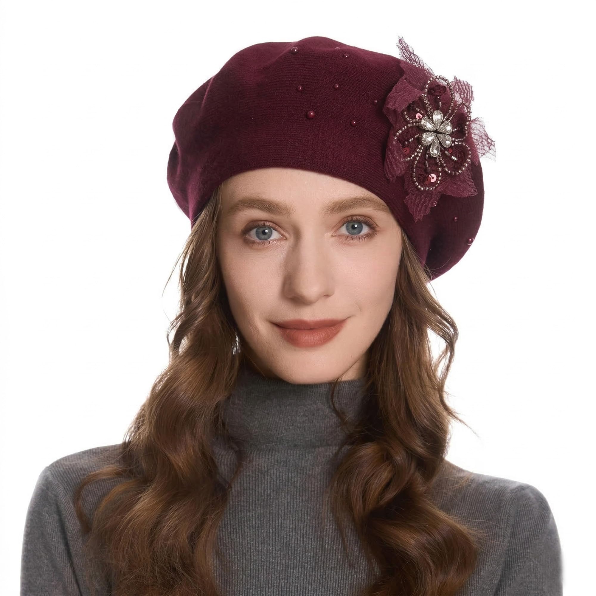 ZLYC Womens French Beret Hat Reversible Solid Color Cashmere Mosaic Warm Beret Cap(Lace Flower Burgundy),One Size
