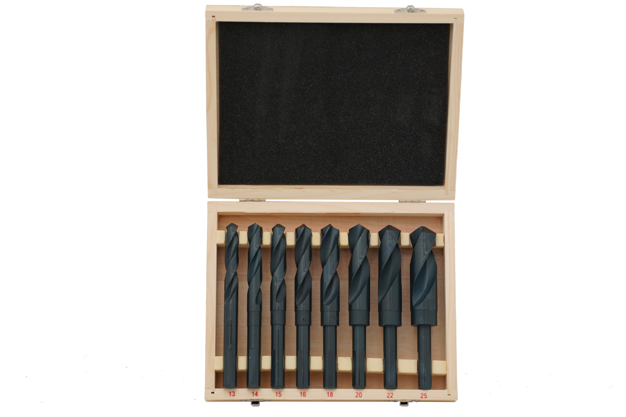 VCT Juego de 8 brocas Deming plateadas, tamaños métricos de 13 mm a 25 mm, vástago de 1/2 pulgada, acero al carbono de alta velocidad, totalmente molido, metal de precisión, caja de almacenamiento