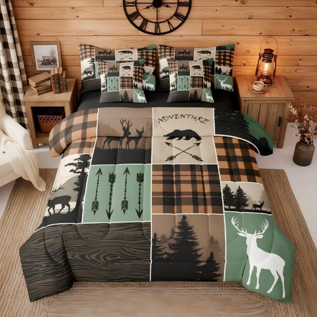 Erosebridal Farmhouse Rustic Comforter Queen, Country Bear Deer 7 Pieces Bed in A Bag - 1 Hunting Animal Comforter, 1 Plaid Patchwork Fitted Sheet, 1 Flat Sheet, 2 Pillow Cases, 2 Throw Pillow Covers
