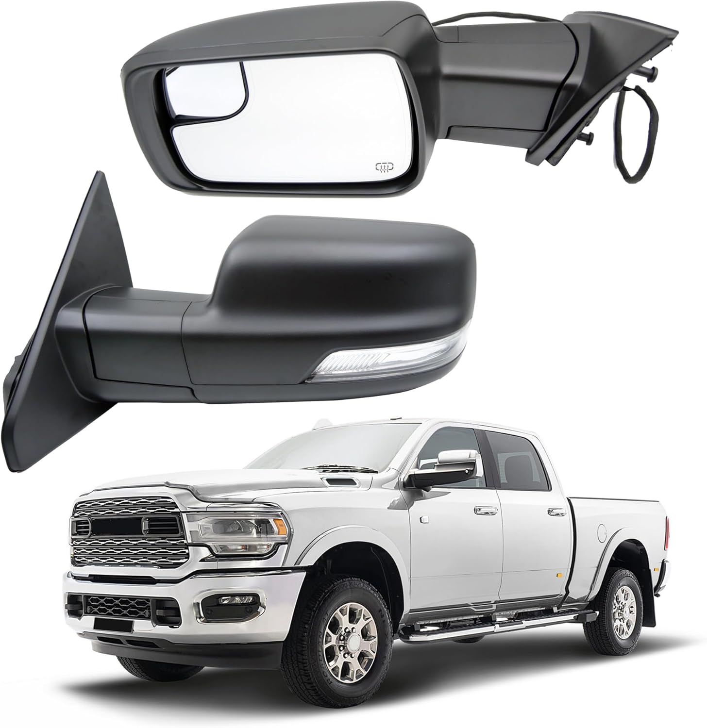Rearview Mirror Left Driver Side Compatible with Ram 1500 2019-2024 Door Mirror Temp Sensor/Heated Glass/Signal Light/Puddle Light/Power Folding/Black Texture Cover (14pins)