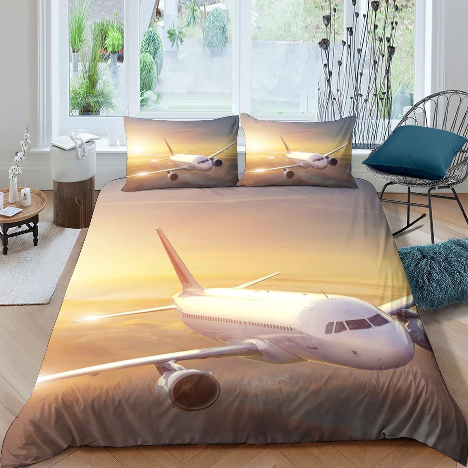 Ctjqhvkz Style-5 3D Printed Airplane Sunset Fitted Sheet Microfiber Soft Bed Cover For Bedroom Guest Room Dorm Mattress Protection Decor Single（135X200cm）