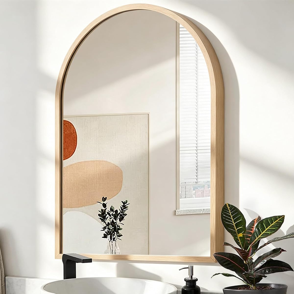 Espejo de pared arqueado para baño, marco de aleación de aluminio, espejo de tocador colgante para sala de estar, dormitorio, entrada, tocador, marco de metal cepillado montado en la pared, 16.0 x 12.0 in