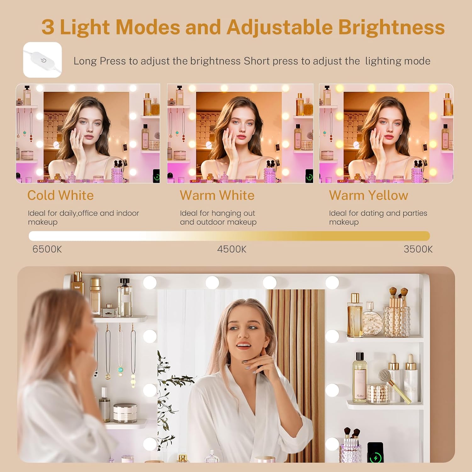 Mirror with three adjustable light modes: Cold White, Warm White, Warm Yellow