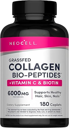 NeoCell Píldoras de péptidos de colágeno | 180 tabletas | con vitamina C y biotina | bovino alimentado con pasto | cabello, piel y uñas | para