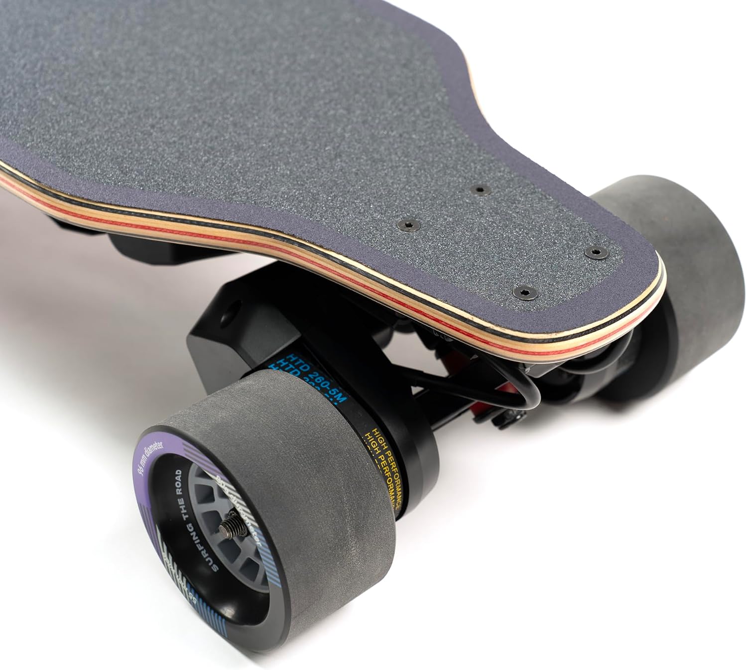 Close-up of the rear trucks and belt-driven wheels of the Backfire G2Z