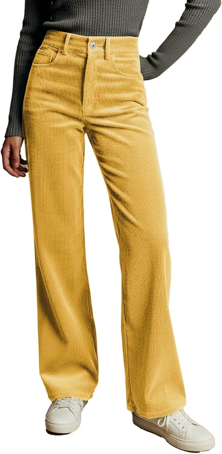 Corduroy Pants for Women Casual High Waisted Womens Wide Leg Dress Pants Business Work Trousers with Pockets