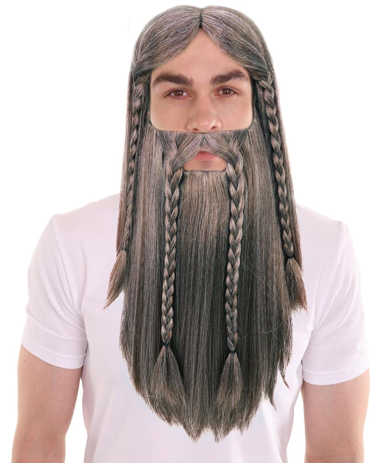 Men’s Braided Long Grey Wig & Beard Set – Medieval Warrior Style Hairpiece for Cosplay & Fantasy Looks | Classic Costume Accessory for Festivals & Historical Plays