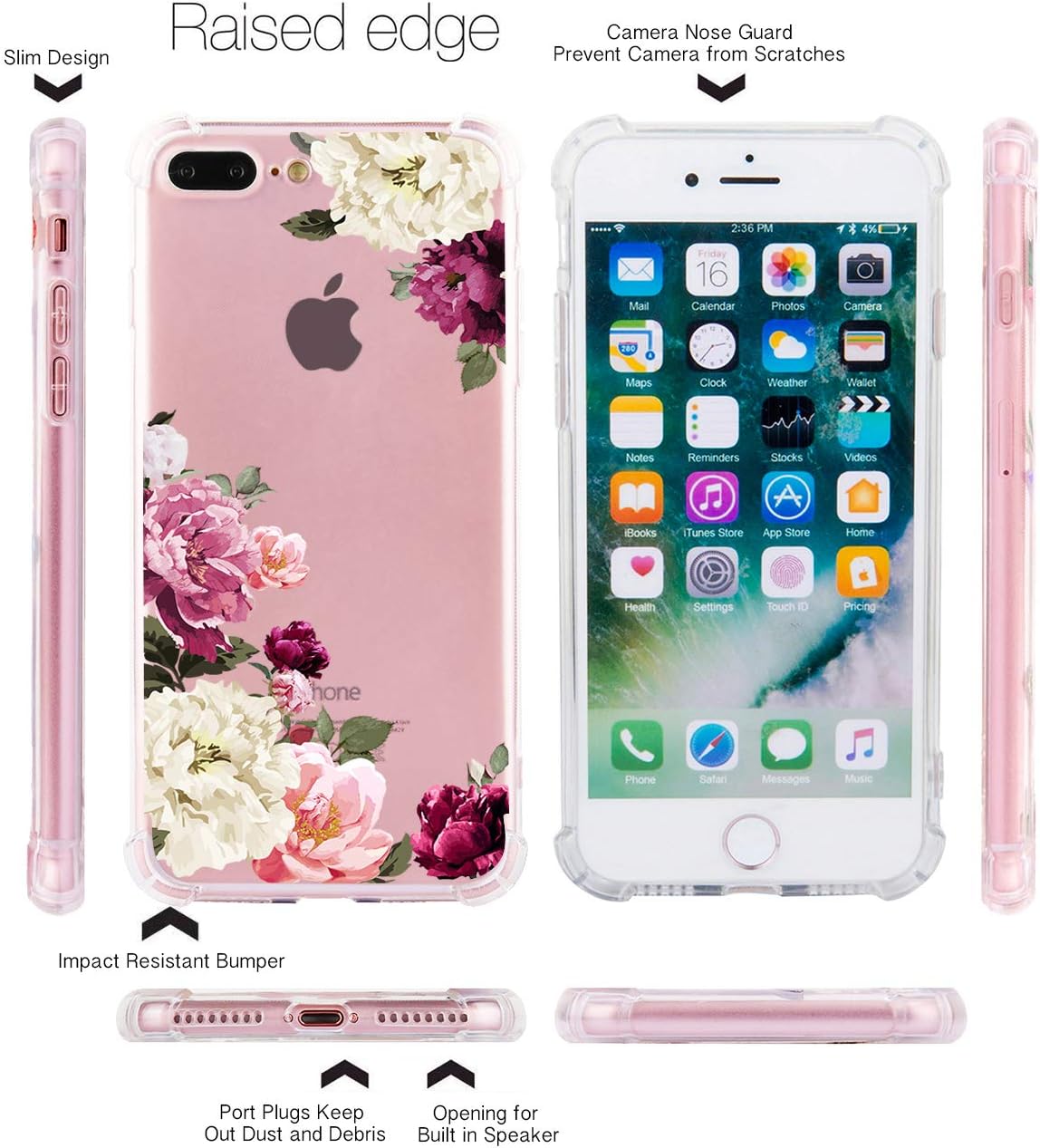 iPhone 8 Plus Case iPhone 7 Plus Case Clear Floral Pattern Transparent Soft TPU Slim Flexible Shockproof Bumper Phone Cases for Women Girls Pink Rose White Flower- [5.5"]