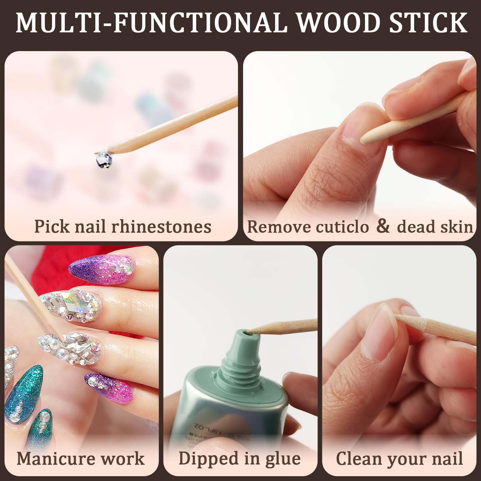 100 palitos de uñas de madera naranja, juego de empujador y removedor de cutículas de madera de 4.5 pulgadas, herramientas de manicura de doble cabeza para el hogar y el salón 5
