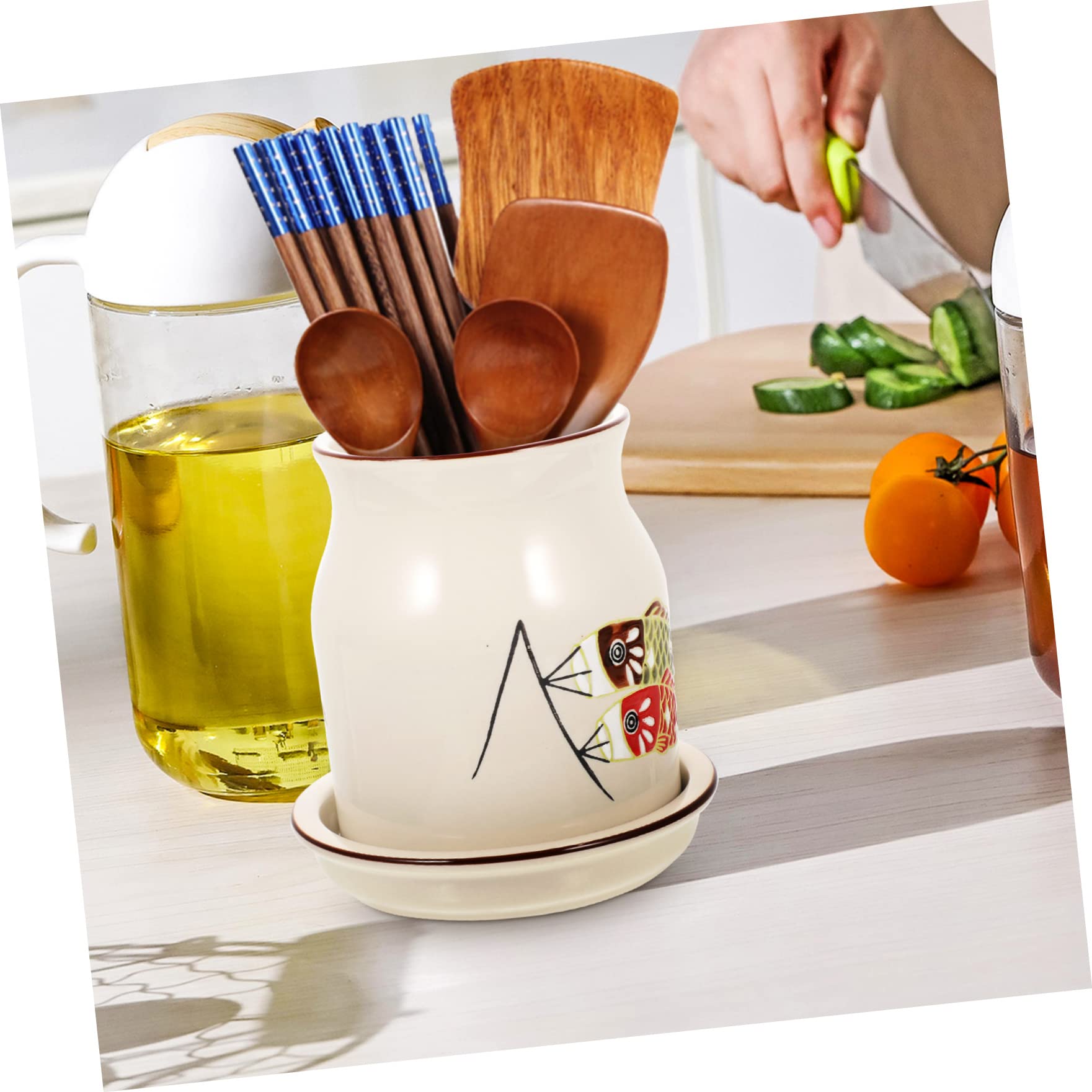 Cabilock Porte-Couverts en Céramique Ustensile en Porcelaine Pot à Ustensiles en Céramique Coutellerie Porte- Titulaire De L'argenterie Ustensiles De Cuisine Usage Quotidien