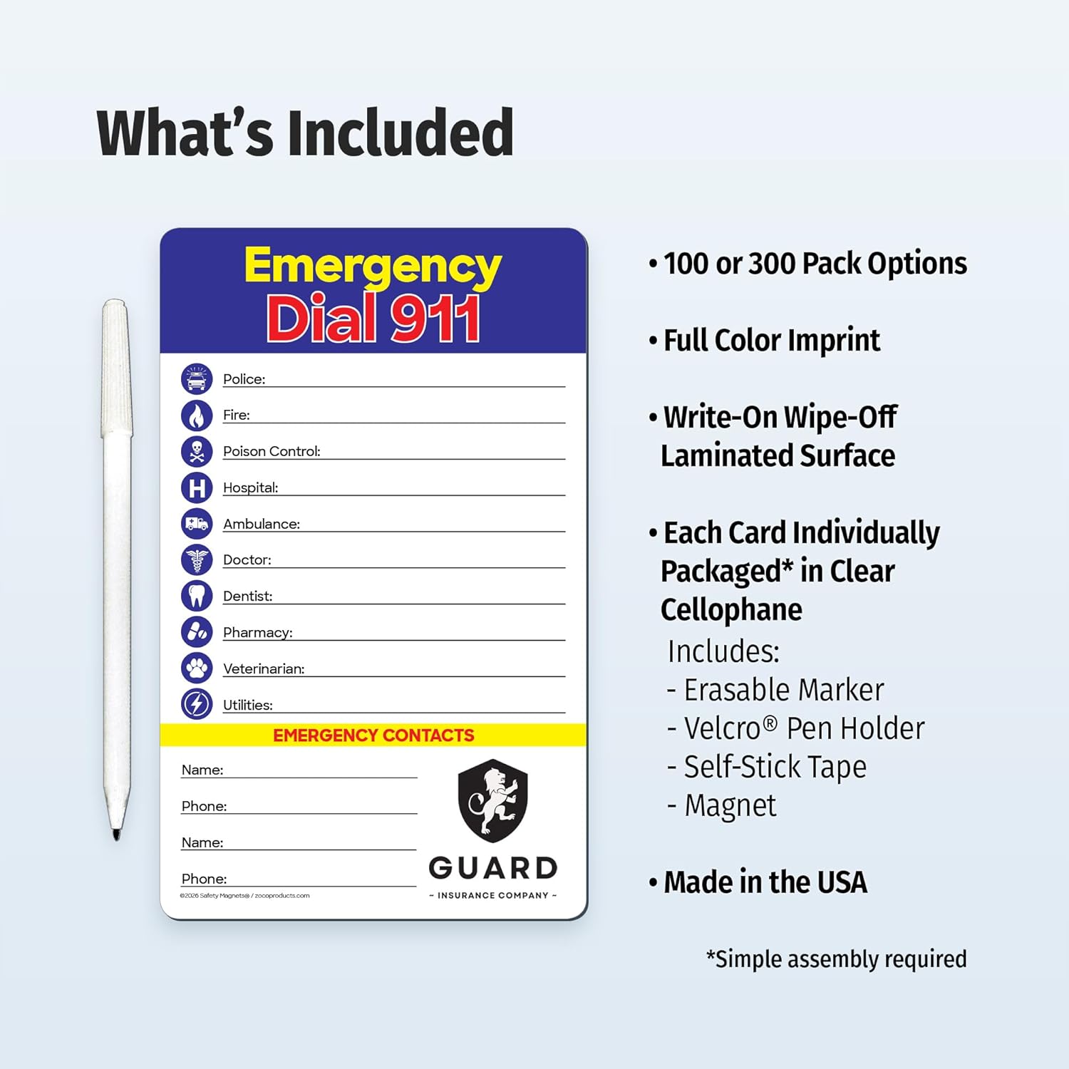 Safety Magnets by ZOCO – 100-Pack Custom Fill-in Emergency Numbers Laminated Cards with Marker for Fridge – Bulk Handouts for Health Fairs, Trade Shows, and Community Programs - 5.25" x 8.5"