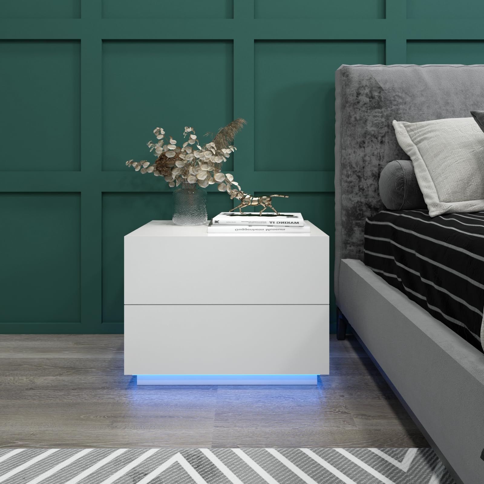 Mondeer Meerviel - Table de Chevet - LED Meuble de Rangement avec 2 Tiroirs Haute Brillante USB Lumineuse pour Chambre Salon 60x39x45cm (Blanc)