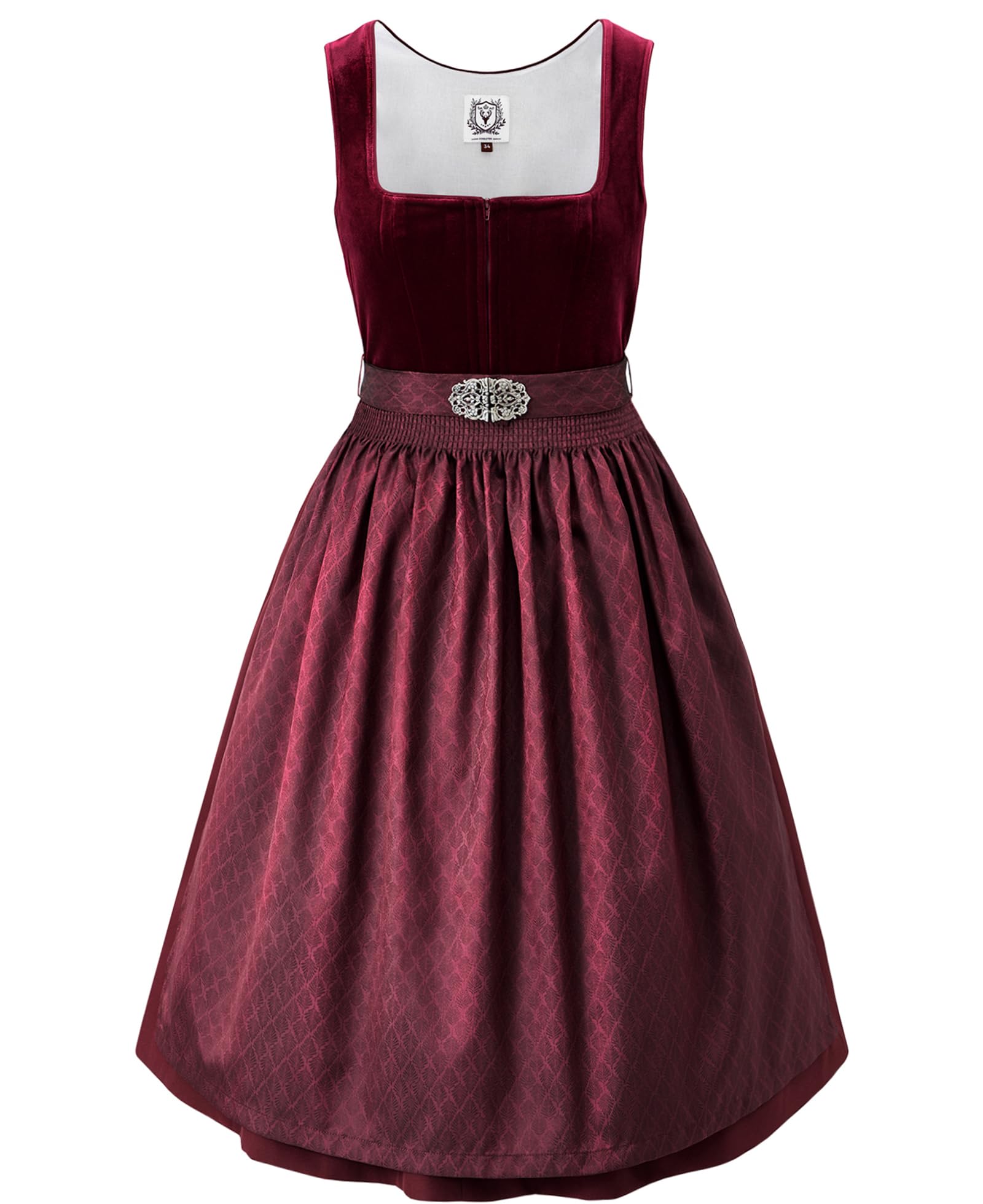 DIRNDLSTERN Damen Trachtenkleid Rot - Midi Dirndlkleid Oktoberfest Outfit Samt Trachtenrock mit 60 cm Dirndlschürzen