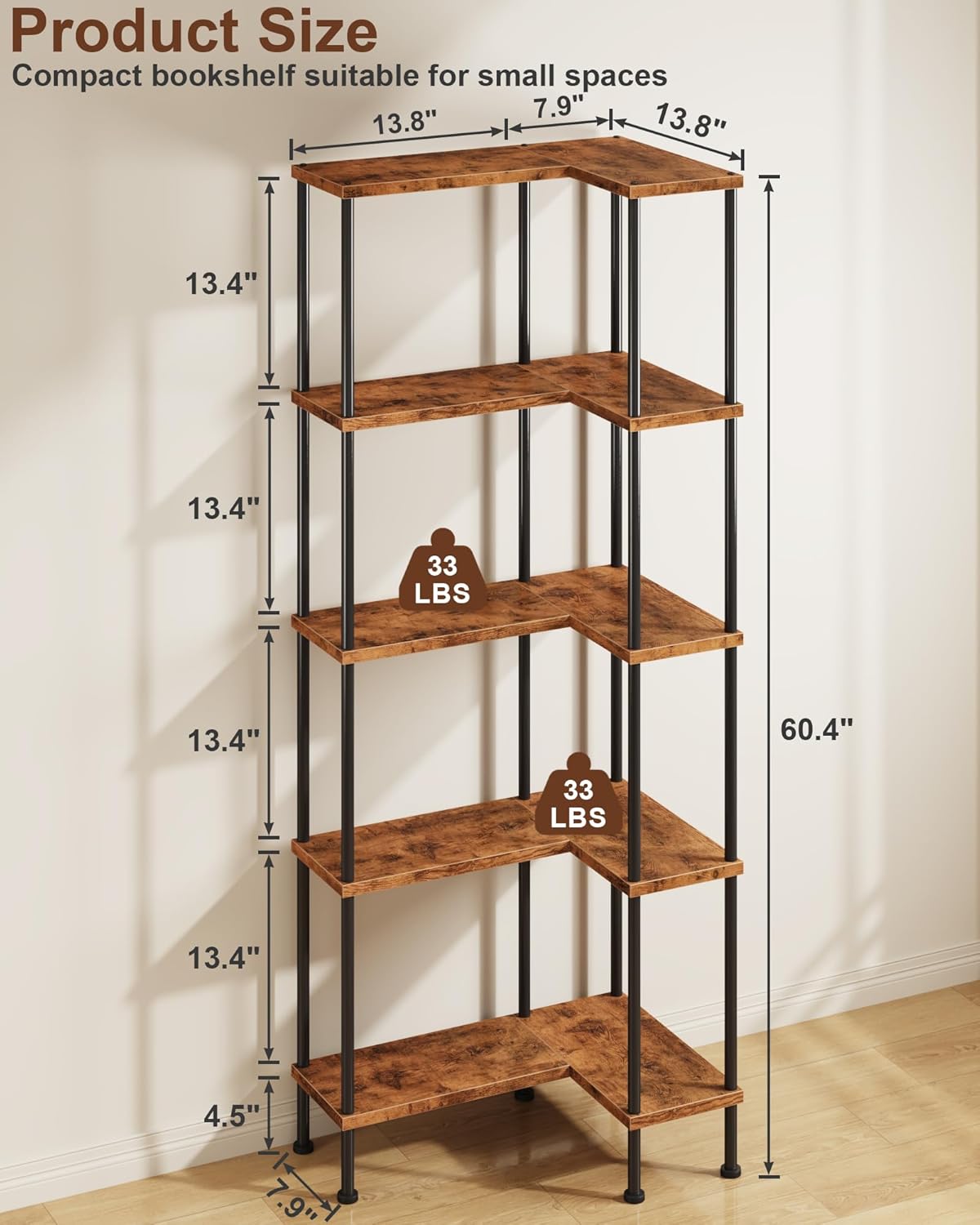 Corner Bookshelf, 5-Tier L-Shaped Bookcase, 60" Tall Corner Shelf Modern Vertical Storage Rack for Living Room, Bedroom, Home Office and Kitchen, Rustic Brown, 21.7" x 13.7" x 60"
