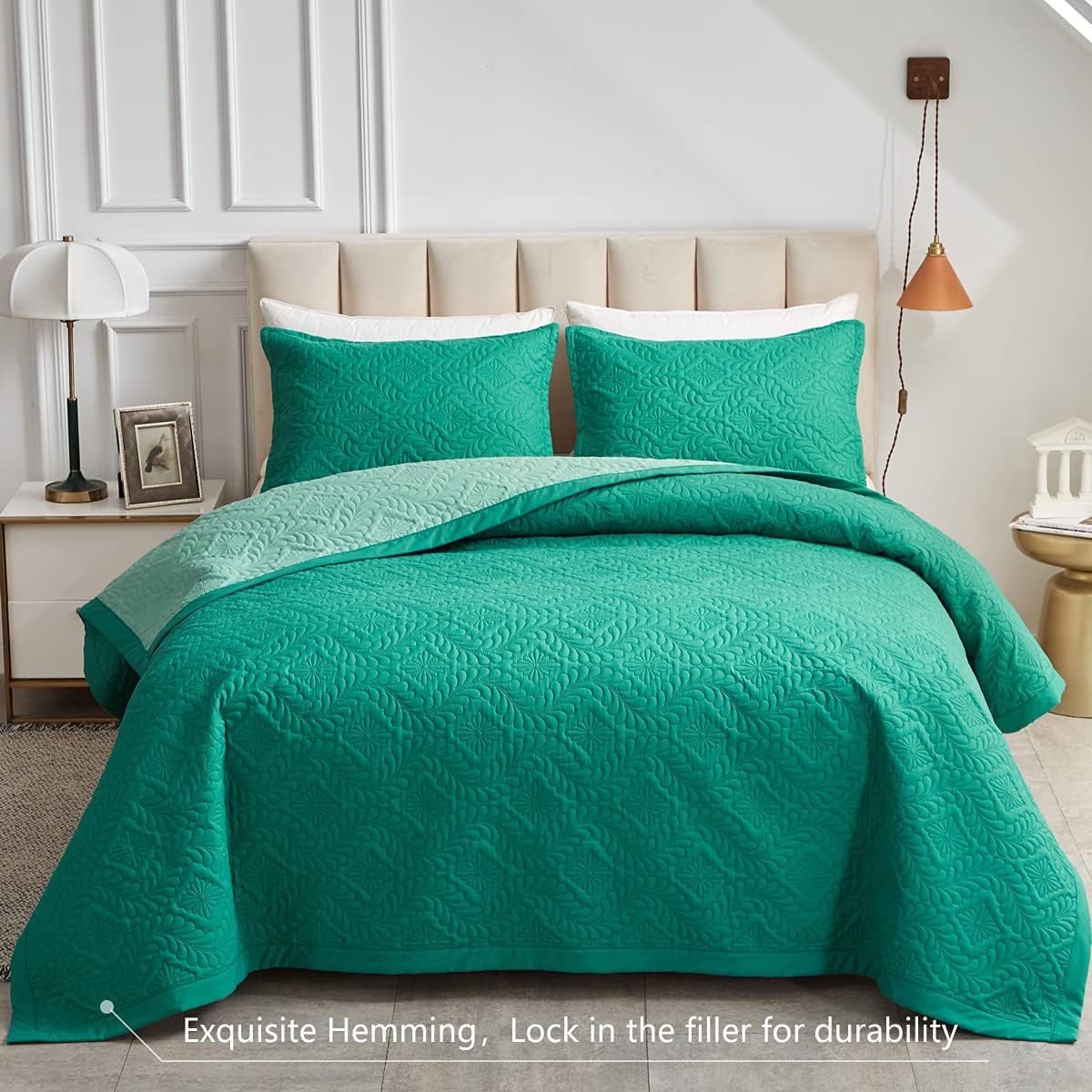 AIKASY Reversible Quilt Set 3-Piece King Size with Pillow Shams, Lightweight Microfiber Soft King bedspreads Summer Comforter Set Bed Cover for All Season - (Green,102"x90")
