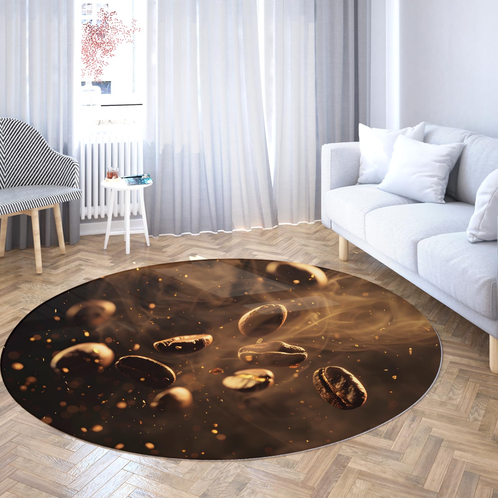 Tapis rond grain de café 160cm lavable et antidérapant brun chaud pour salon et cuisine