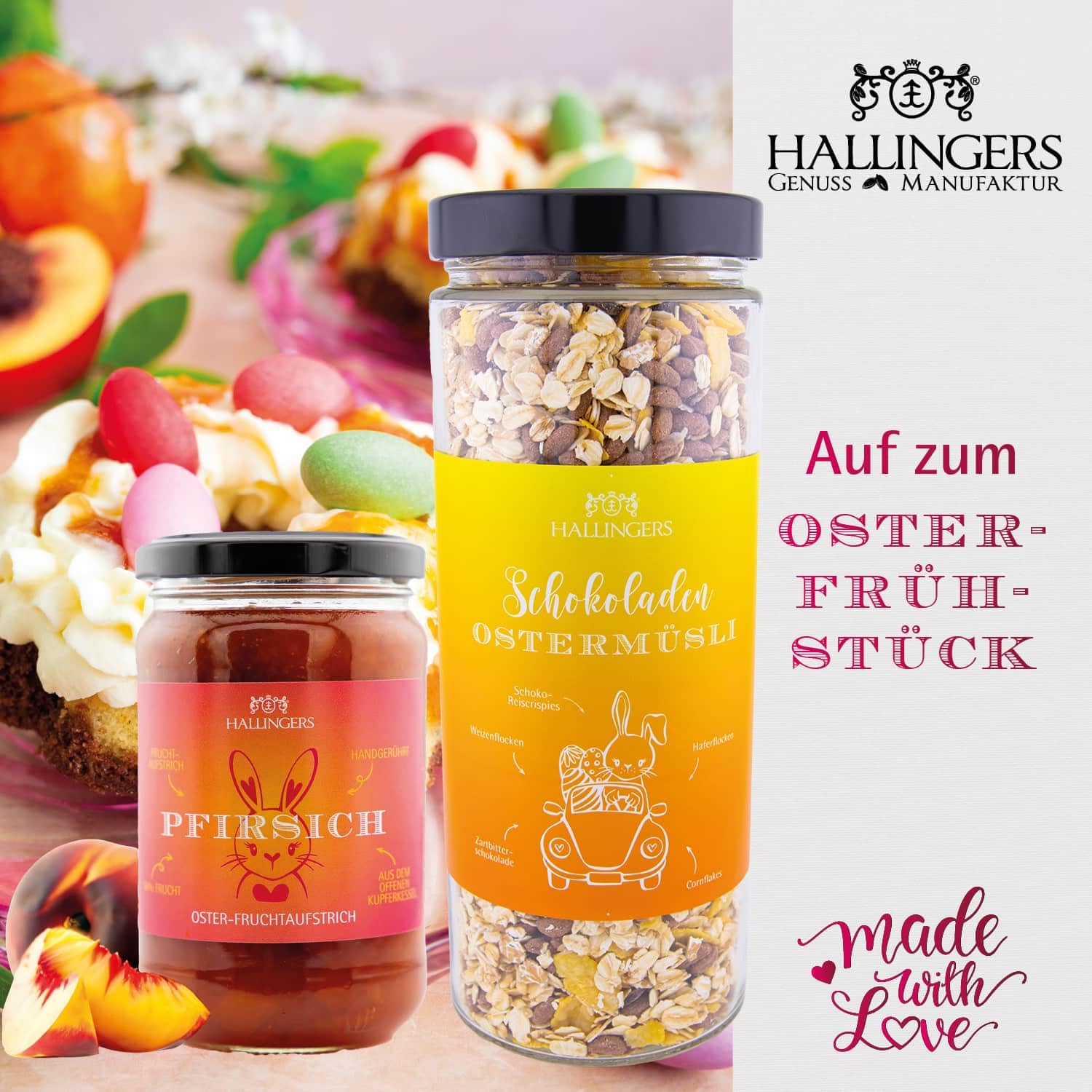 Hallingers Genuss Manufaktur Feinkost Oster-Geschenk-Set - XXL-Geschenkkorb "Gruß vom Osterh..." großer Ostergruß Ostereier, Müsli, Kaffee, Konfitüre, Olivenöl & mehr, Ostern Körbchen für Frauen