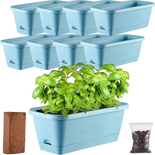 KvyusFlourish Paquete de 8 macetas rectangulares de 156 x 75 x 59 pulgadas para plantas de interior y exterior caja de plástico con bandeja de