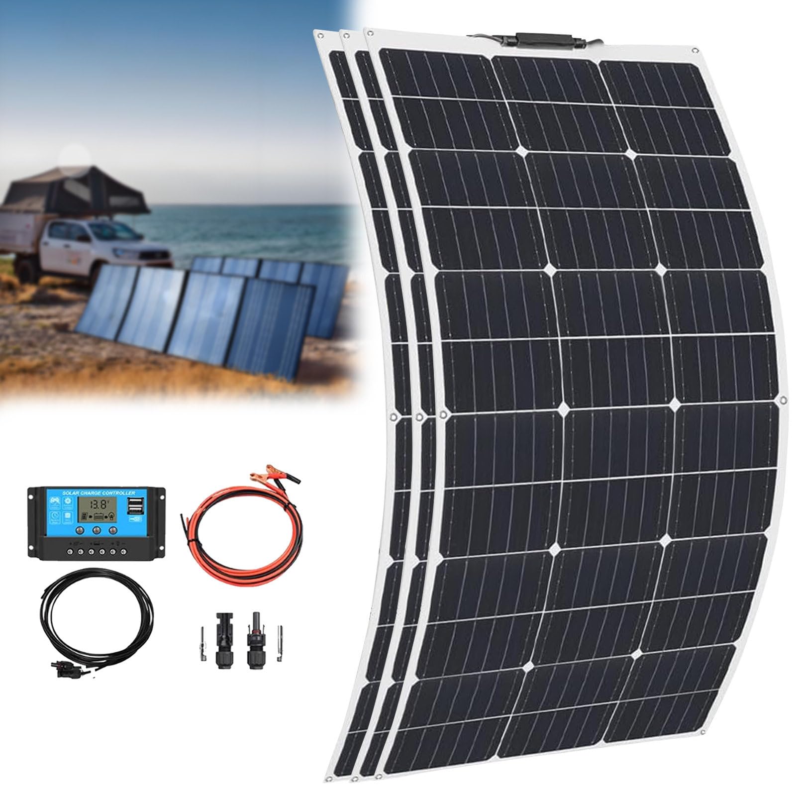 Paneles Solares, Panel Solar Monocristalino, 300w, con Controlador De 40 A, Fotovoltaico Impermeable, para Autocaravana, Techo, Caravana, Barco Y Superficies Desparejas. 3×200w