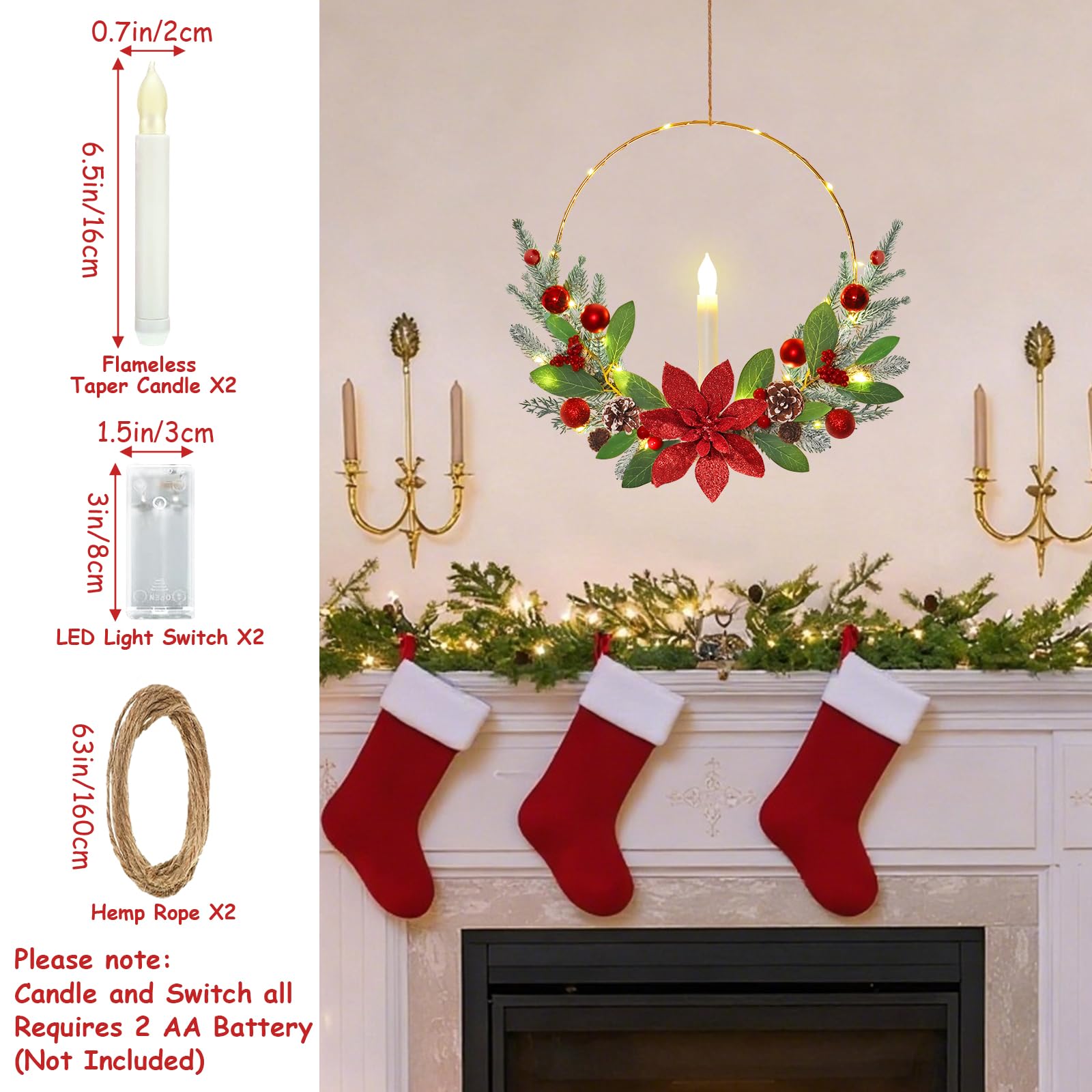 Betylifoy Weihnachtskranz für Haustür, 40,6 cm, roter Weihnachtskranz mit LED-Kerzenlichtern, Weihnachtskränze für Haustür, Fenster, Kamin, Weihnachtsdekoration, Rot, 2 Stück