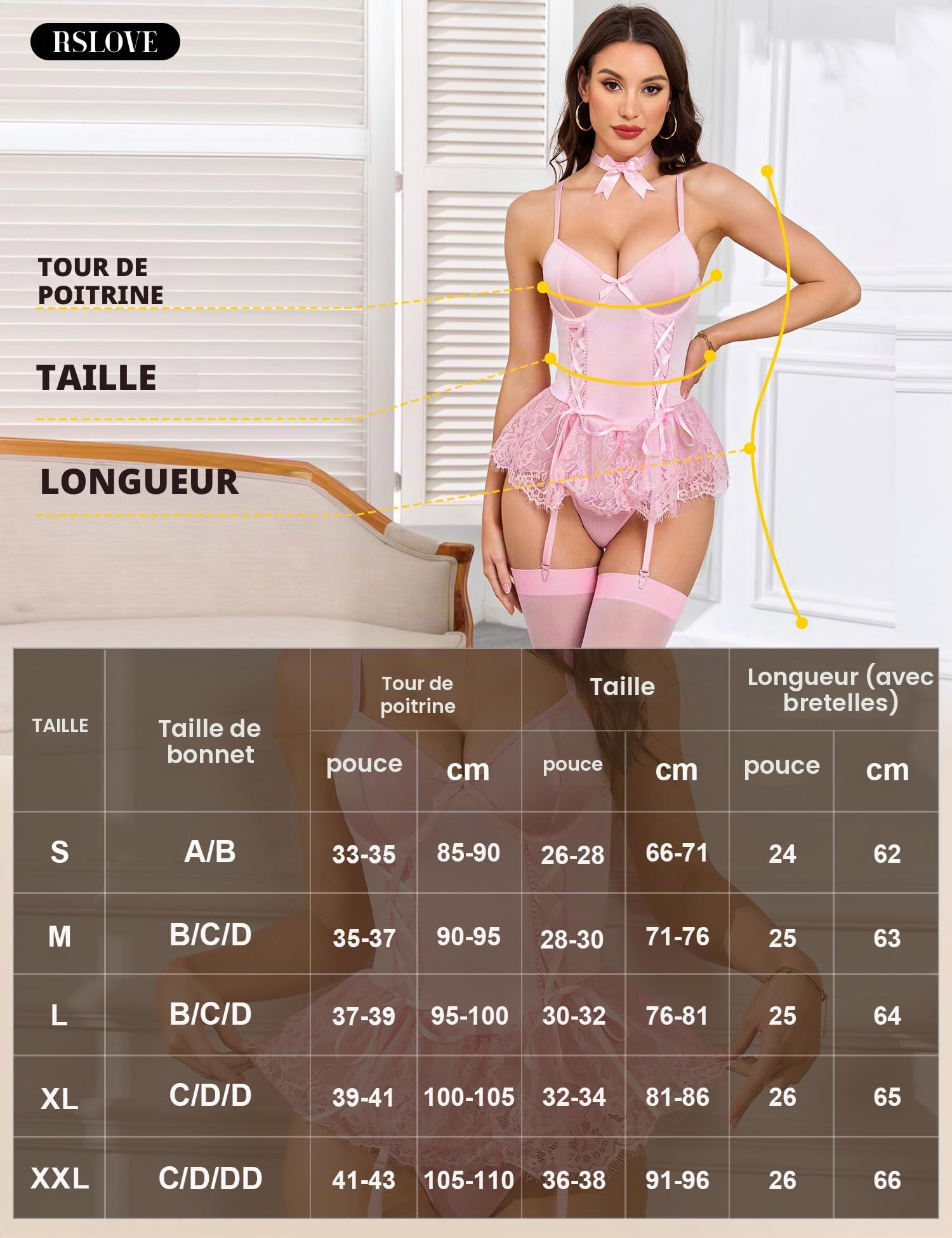 RSLOVE Corset Lingerie Sexy Femme - Babydoll avec Porte Jarretelle et Bas Teddy Vêtements de Nuit Sexy 4 Pièces