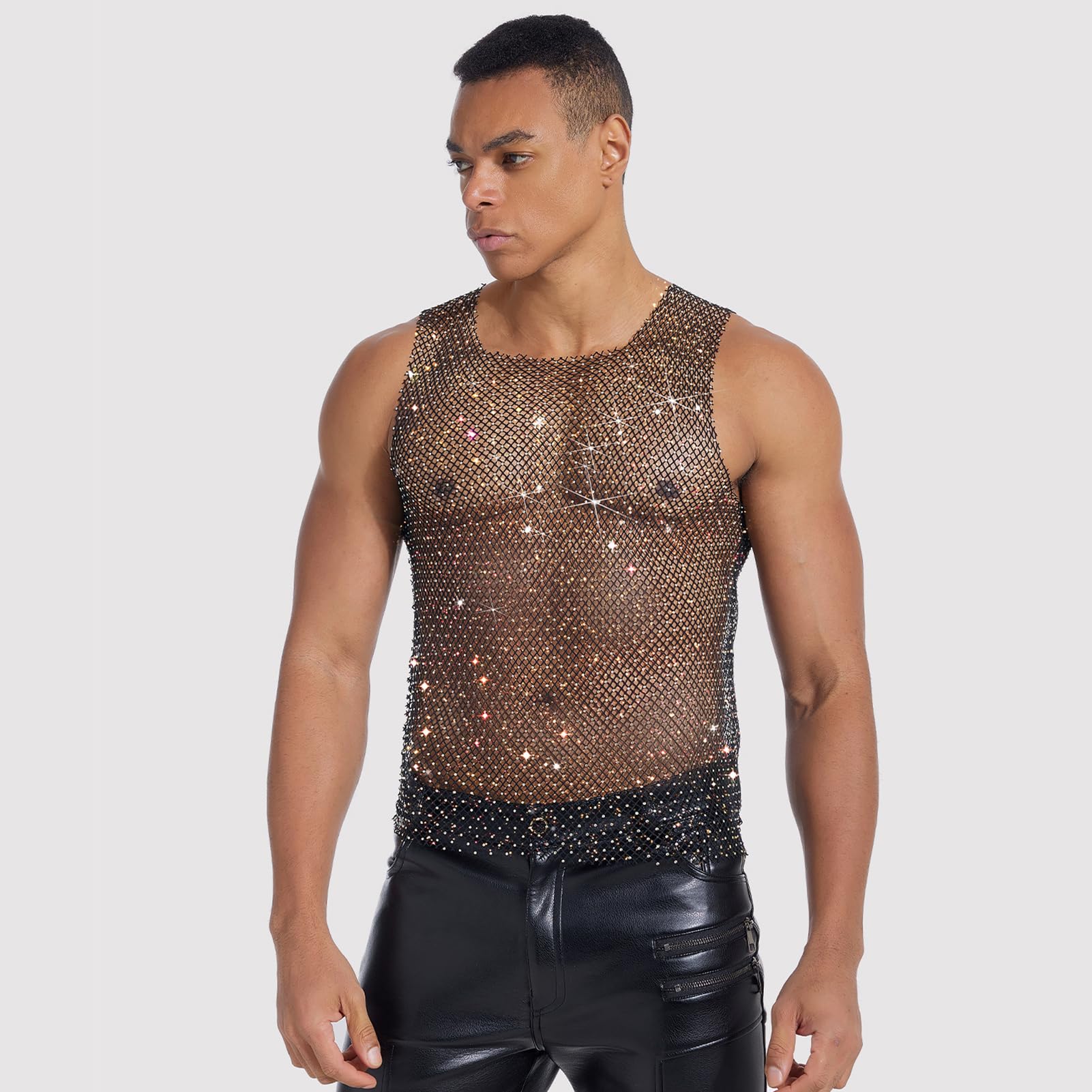 FYMNSI Chemise en maille transparente pour homme - Débardeur musculaire - Été sans manches - Sous-vêtement Gogo Clubwear, Rose