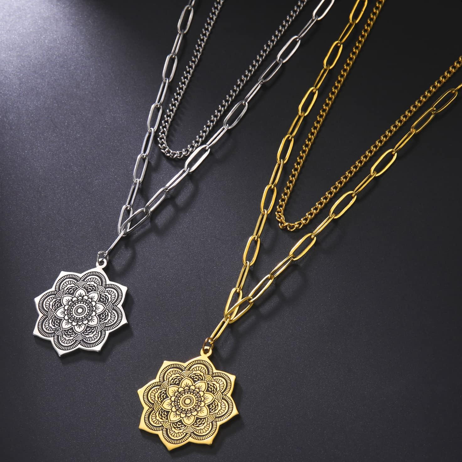 EUEAVAN Women Mandala Flower of Life Necklace, Dainty Layered Stainless Steel Chain Buddhist Lotus Flower Om Mandala Pendant Necklace, Mandala Gifts for Women and Girls - Image 4