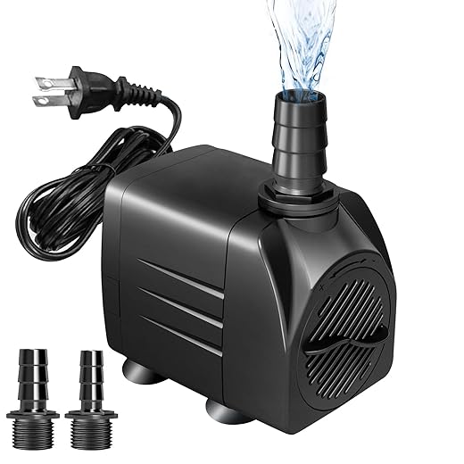 400GPH (1500L/H) Submersible Pump 20W, Ultra Quiet Fountain Pump with 6.56ft High Lift & 3 Nozzles for Aquarium, Pond, Hydroponics, Statuary