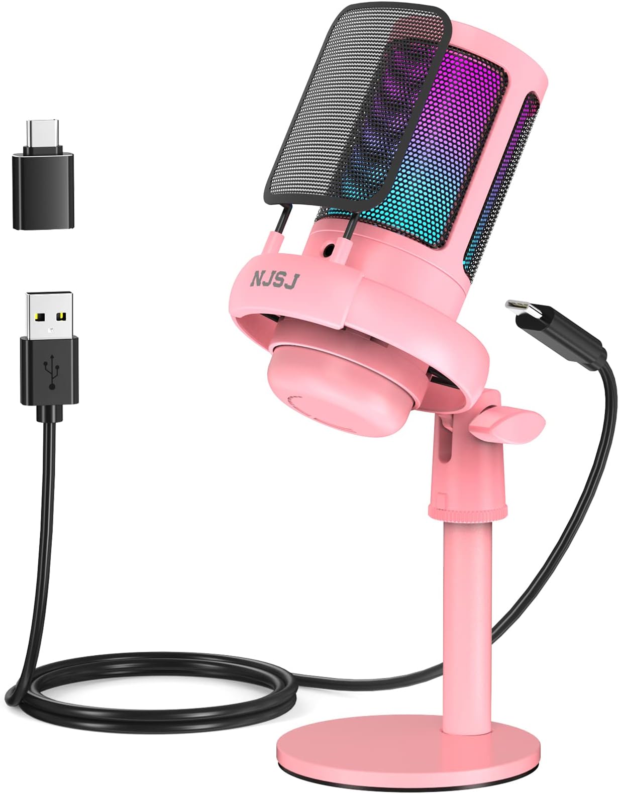 NJSJ Gaming Microphone, USB Microphone for PC/ PS4/ PS5/ Mac/Phone, Condenser Mic with Touch Mute, Brilliant RGB Lighting, Gain knob & Monitoring Jack for Recording, Streaming, Podcasting (Pink)