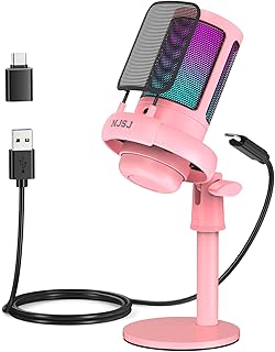 NJSJ Gaming Microphone, USB Microphone for PC/ PS4/ PS5/ Mac/Phone, Condenser Mic with Touch Mute, Brilliant RGB Lighting, Gain knob & Monitoring Jack for Recording, Streaming, Podcasting (Pink)