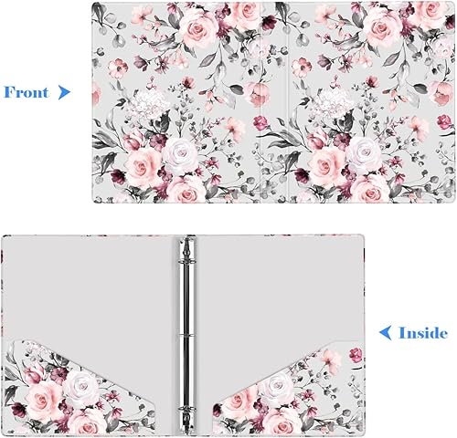 Miniatura 5 de WAVEYU Bonita carpeta de 3 anillos de 1 pulgada con bolsillos interiores de tamaño carta para suministros de oficina escolar, flor azul