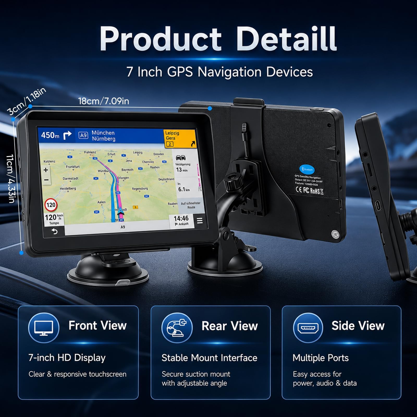 7" Navigationsgerät für Auto & LKW, Radarwarner, Kartenupdate | LKW-Routen zur Brückenvermeidung; 12 GPS-Kanäle für starkes Signal; Radarwarner; 7" HD-Display; Inklusive Anleitung