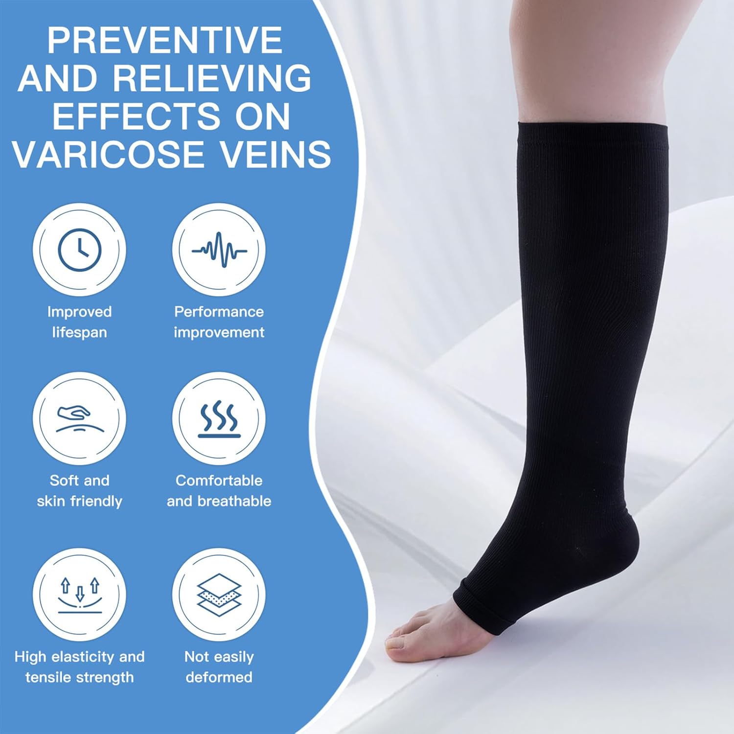 3 Pairs Open Toe Compression Socks for Men & Women - 15-20 mmhg Knee High Stockings for Circulation Support - Image 5