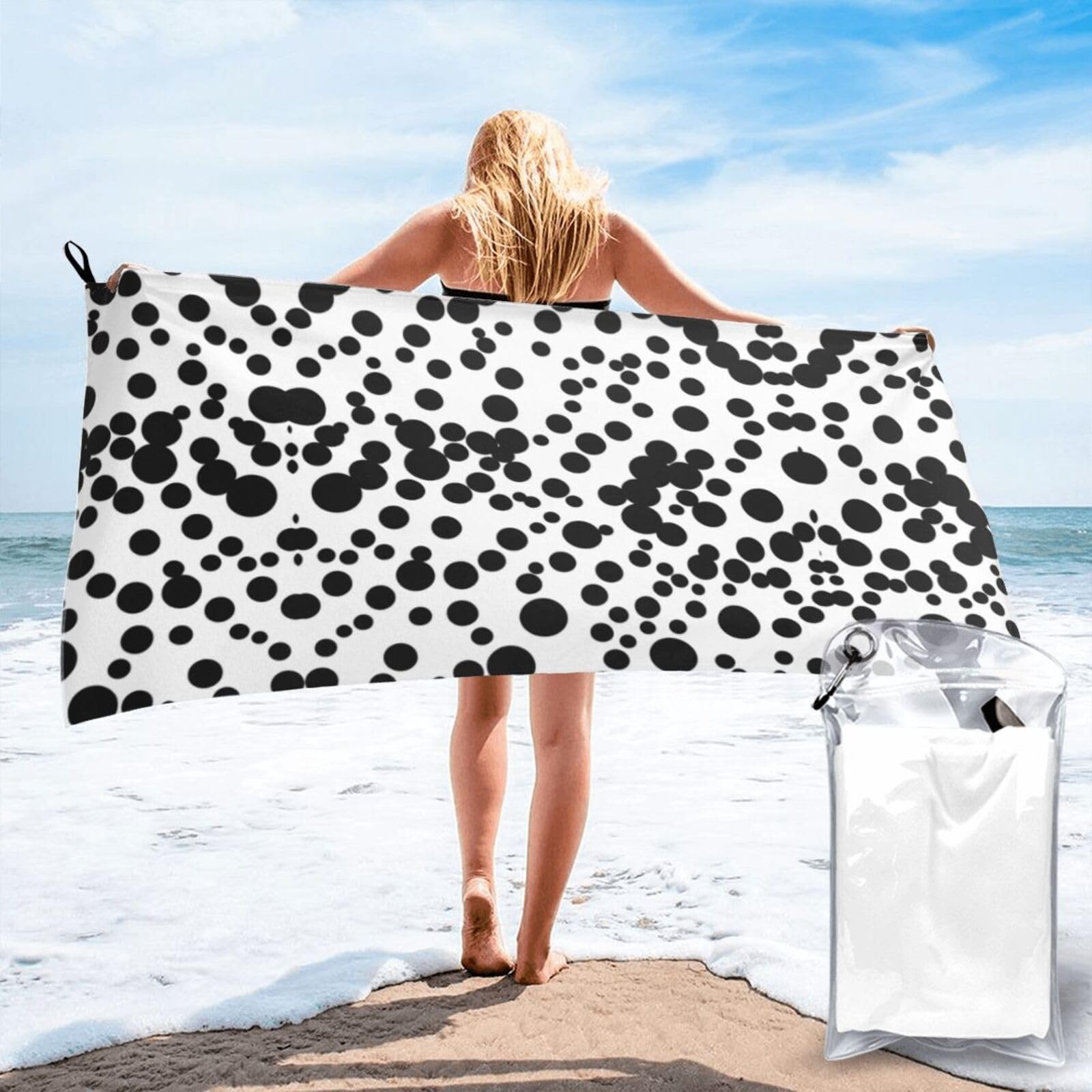 HLBSDM Black & White Big Dot Print Beach Towel Quick Dry Portable for Swimming Yoga Travel Campers