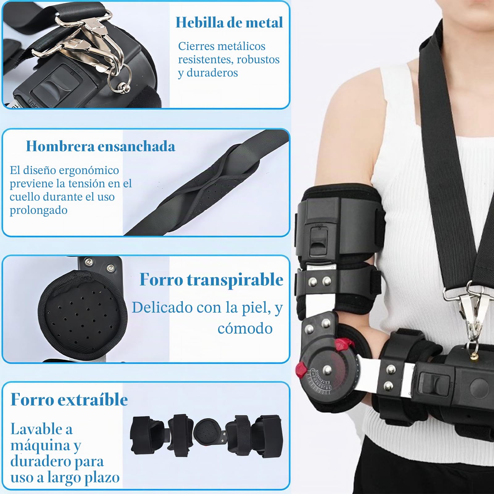 Férula De Codo Postoperatoria Ajustable con Bisagra Soporte De Brazo Ligero con Correa para Hombro Forro Extraíble para Rehabilitación Después De Cirugía,Right