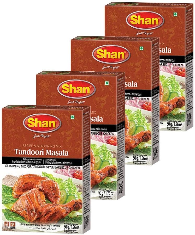 Shan Tandoori Recipe and Seasoning Mix 1.76 oz (50g) - Spice Powder for Tandoori Style Barbecue Chicken - Suitable for Vegetarians - Airtight Bag in a Box (Pack of 4)